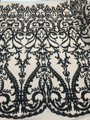 Two Tone Black/Cream Sequins Lace Fabric On Mesh Damask Design Embroidered On 4way Stretch Sequin By The Yard -Prom-Gown ( Choose The Size )