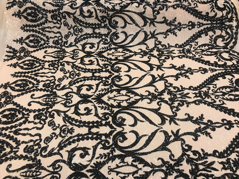 Two Tone Black/Cream Sequins Lace Fabric On Mesh Damask Design Embroidered On 4way Stretch Sequin By The Yard -Prom-Gown ( Choose The Size )