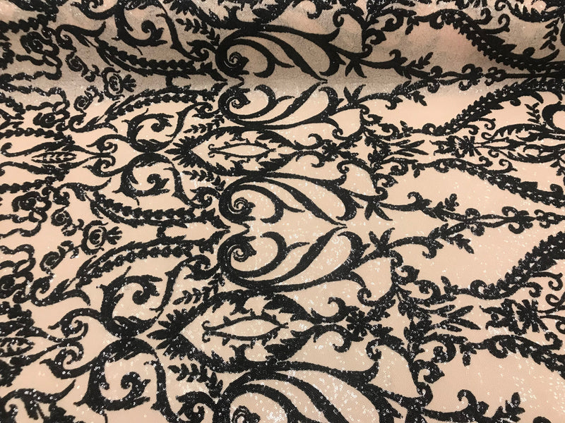 Two Tone Black/Cream Sequins Lace Fabric On Mesh Damask Design Embroidered On 4way Stretch Sequin By The Yard -Prom-Gown ( Choose The Size )