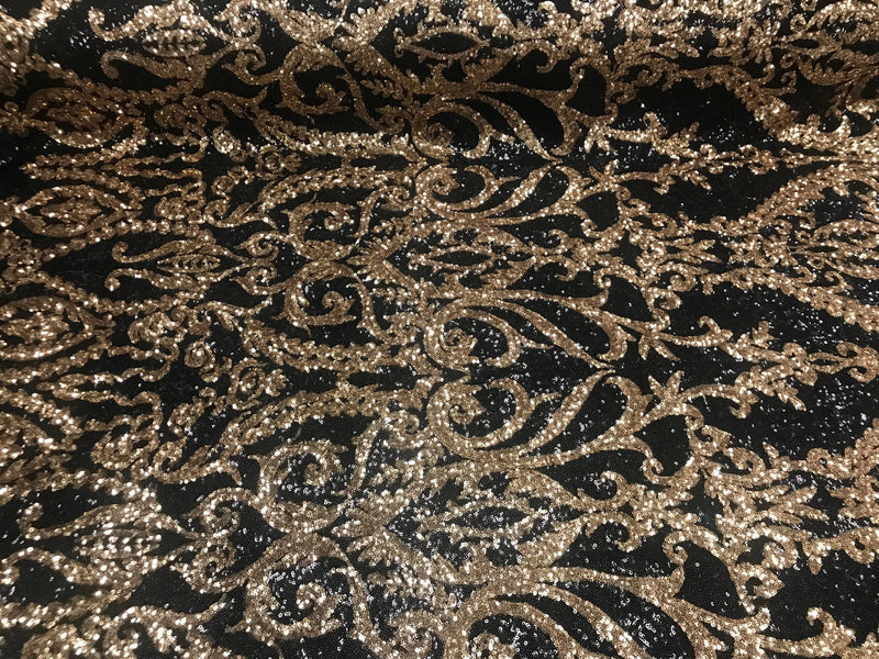 Two Tone Black/Gold Sequins Lace Fabric On Mesh Damask Design Embroidered On 4way Stretch Sequin By The Yard -Prom-Gown ( Choose The Size )