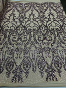 Two Tone Pink Sequins Lace Fabric On Mesh Damask Design Embroidered On 4way Stretch Sequin By The Yard -Prom-Gown ( Choose The Size )