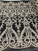 Two Tone Cream Sequins Lace Fabric On Mesh Damask Design Embroidered On 4way Stretch Sequin By The Yard -Prom-Gown ( Choose The Size )