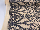 Two Tone Navy Sequins Lace Fabric On Mesh Damask Design Embroidered On 4way Stretch Sequin By The Yard -Prom-Gown ( Choose The Size )