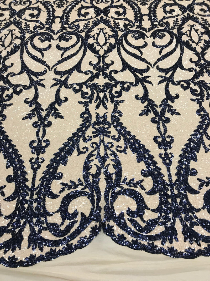 Two Tone Navy Sequins Lace Fabric On Mesh Damask Design Embroidered On 4way Stretch Sequin By The Yard -Prom-Gown ( Choose The Size )