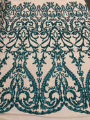 Two Tone Teal Green Sequins Lace Fabric On Mesh Damask Design Embroidered On 4way Stretch Sequin By The Yard -Prom-Gown ( Choose The Size )