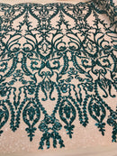 Two Tone Teal Green Sequins Lace Fabric On Mesh Damask Design Embroidered On 4way Stretch Sequin By The Yard -Prom-Gown ( Choose The Size )