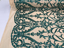 Two Tone Teal Green Sequins Lace Fabric On Mesh Damask Design Embroidered On 4way Stretch Sequin By The Yard -Prom-Gown ( Choose The Size )