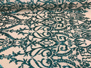 Two Tone Teal Green Sequins Lace Fabric On Mesh Damask Design Embroidered On 4way Stretch Sequin By The Yard -Prom-Gown ( Choose The Size )