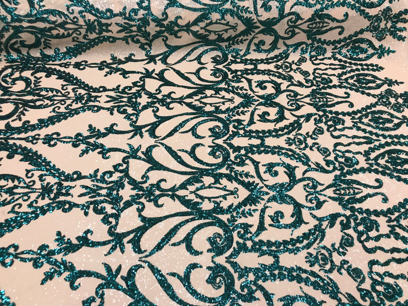 Tow Tone Teal Green Sequins Lace Fabric On Mesh Damask Design Embroidered On 4way Stretch Sequin By The Yard -Prom-Gown ( Choose The Size )