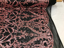 Two Tone Dusty Rose Sequins Lace Fabric On Mesh Damask Design Embroidered On 4way Stretch Sequin By The Yard -Prom-Gown ( Choose The Size )