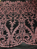 Two Tone Dusty Rose Sequins Lace Fabric On Mesh Damask Design Embroidered On 4way Stretch Sequin By The Yard -Prom-Gown ( Choose The Size )