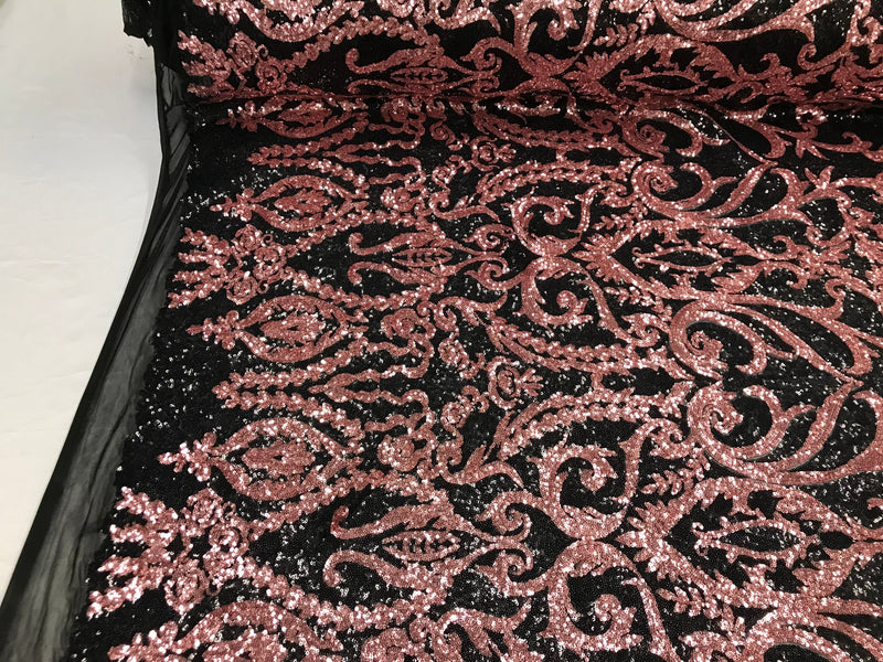 Two Tone Dusty Rose Sequins Lace Fabric On Mesh Damask Design Embroidered On 4way Stretch Sequin By The Yard -Prom-Gown ( Choose The Size )