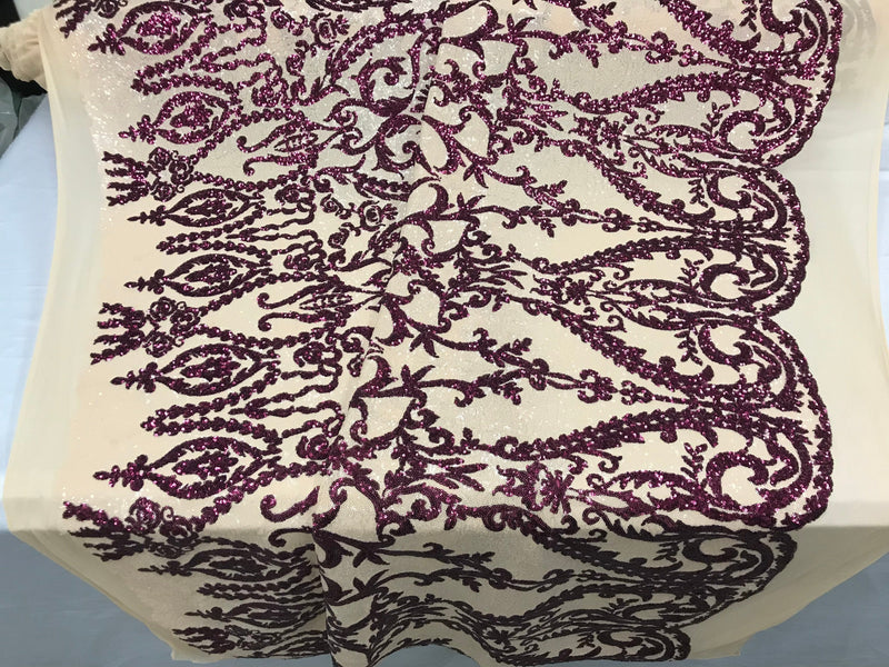 Two Tone Magenta Sequins Lace Fabric On Mesh Damask Design Embroidered On 4way Stretch Sequin By The Yard -Prom-Gown ( Choose The Size )