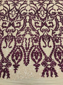 Two Tone Magenta Sequins Lace Fabric On Mesh Damask Design Embroidered On 4way Stretch Sequin By The Yard -Prom-Gown ( Choose The Size )