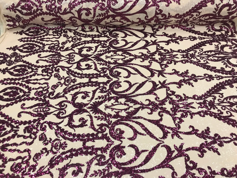Two Tone Magenta Sequins Lace Fabric On Mesh Damask Design Embroidered On 4way Stretch Sequin By The Yard -Prom-Gown ( Choose The Size )