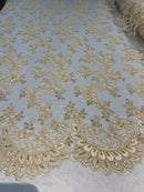 Beige Floral Lace Fabric, Embroidery With Sequins on a Mesh Lace Fabric By The Yard For Gown, Wedding-Bridal (Choose The Quantity)
