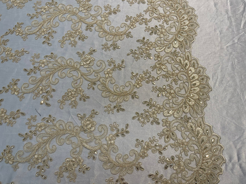 Beige Floral Lace Fabric, Embroidery With Sequins on a Mesh Lace Fabric By The Yard For Gown, Wedding-Bridal (Choose The Quantity)