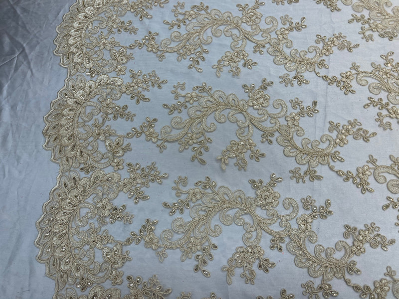 Beige Floral Lace Fabric, Embroidery With Sequins on a Mesh Lace Fabric By The Yard For Gown, Wedding-Bridal (Choose The Quantity)