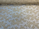 Beige Floral Lace Fabric, Embroidery With Sequins on a Mesh Lace Fabric By The Yard For Gown, Wedding-Bridal (Choose The Quantity)