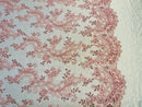 Pink Floral Lace Fabric, Embroidery With Sequins on a Mesh Lace Fabric By The Yard For Gown, Wedding-Bridal (Choose The Quantity)