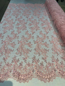Pink Floral Lace Fabric, Embroidery With Sequins on a Mesh Lace Fabric By The Yard For Gown, Wedding-Bridal (Choose The Quantity)