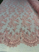 Pink Floral Lace Fabric, Embroidery With Sequins on a Mesh Lace Fabric By The Yard For Gown, Wedding-Bridal (Choose The Quantity)