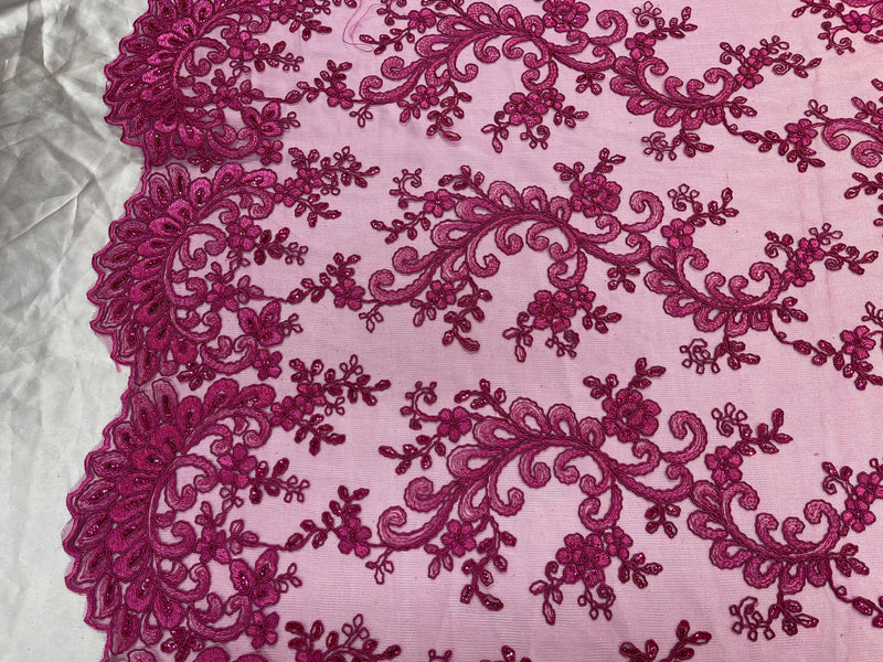 Fuchsia Floral Lace Fabric, Embroidery With Sequins on a Mesh Lace Fabric By The Yard For Gown, Wedding-Bridal (Choose The Quantity)
