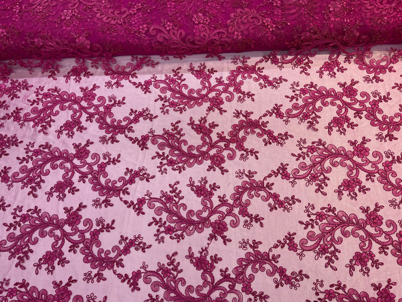 Fuchsia Floral Lace Fabric, Embroidery With Sequins on a Mesh Lace Fabric By The Yard For Gown, Wedding-Bridal (Choose The Quantity)