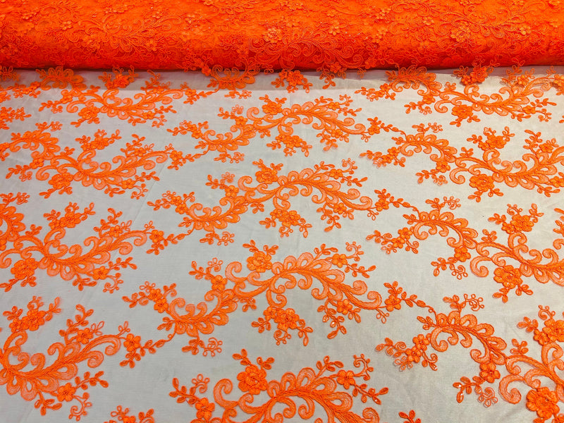 Neon Orange Floral Lace Fabric, Embroidery With Sequins on a Mesh Lace Fabric By The Yard For Gown, Wedding-Bridal (Choose The Quantity)