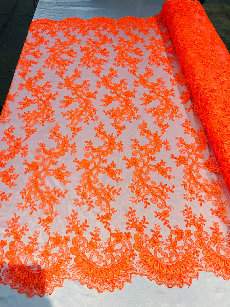 Neon Orange Floral Lace Fabric, Embroidery With Sequins on a Mesh Lace Fabric By The Yard For Gown, Wedding-Bridal (Choose The Quantity)