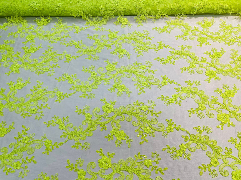 Neon Lime Green Floral Lace Fabric, Embroidery With Sequins on a Mesh Lace Fabric By The Yard For Gown, Wedding-Bridal (Choose The Quantity)