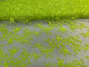 Neon Lime Green Floral Lace Fabric, Embroidery With Sequins on a Mesh Lace Fabric By The Yard For Gown, Wedding-Bridal (Choose The Quantity)
