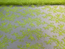 Neon Lime Green Floral Lace Fabric, Embroidery With Sequins on a Mesh Lace Fabric By The Yard For Gown, Wedding-Bridal (Choose The Quantity)