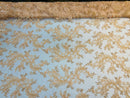 Lt Peach Floral Lace Fabric, Embroidery With Sequins on a Mesh Lace Fabric By The Yard For Gown, Wedding-Bridal (Choose The Quantity)