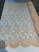 Lt Peach Floral Lace Fabric, Embroidery With Sequins on a Mesh Lace Fabric By The Yard For Gown, Wedding-Bridal (Choose The Quantity)