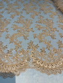 Lt Peach Floral Lace Fabric, Embroidery With Sequins on a Mesh Lace Fabric By The Yard For Gown, Wedding-Bridal (Choose The Quantity)