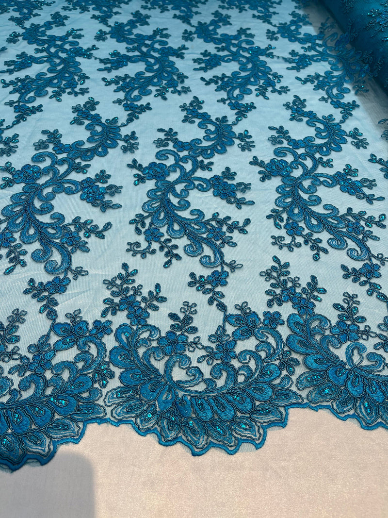Turquoise Floral Lace Fabric, Embroidery With Sequins on a Mesh Lace Fabric By The Yard For Gown, Wedding-Bridal (Choose The Quantity)