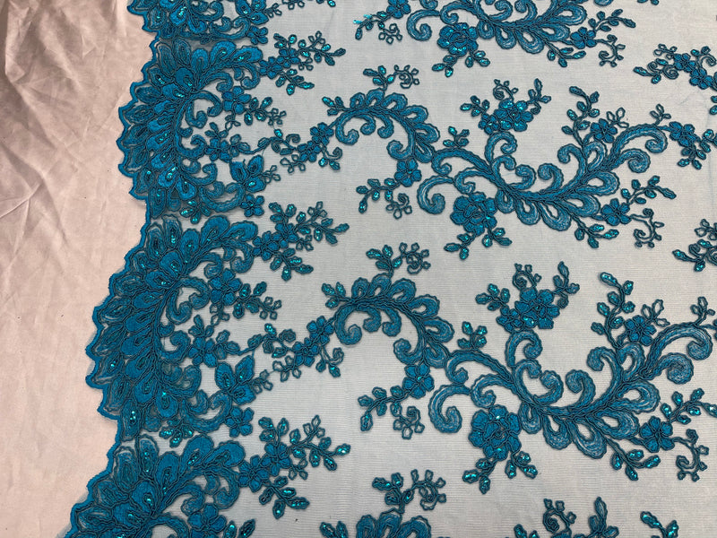 Turquoise Floral Lace Fabric, Embroidery With Sequins on a Mesh Lace Fabric By The Yard For Gown, Wedding-Bridal (Choose The Quantity)