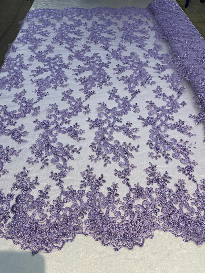 Lilac Floral Lace Fabric, Embroidery With Sequins on a Mesh Lace Fabric By The Yard For Gown, Wedding-Bridal (Choose The Quantity)