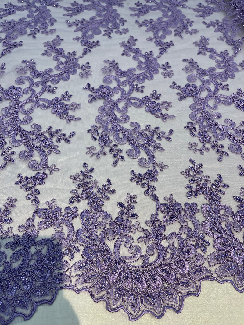 Lilac Floral Lace Fabric, Embroidery With Sequins on a Mesh Lace Fabric By The Yard For Gown, Wedding-Bridal (Choose The Quantity)