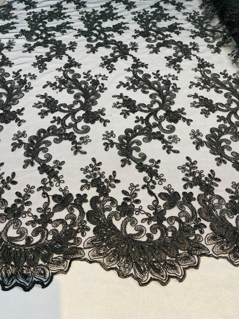 Black Lace, Floral Lace Fabric, Embroidery With Sequins on a Mesh Lace Fabric By The Yard For Gown, Wedding-Bridal (Choose The Quantity)