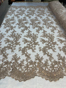 Coffee Lace, Floral Lace Fabric, Embroidery With Sequins on a Mesh Lace Fabric By The Yard For Gown, Wedding-Bridal (Choose The Quantity)
