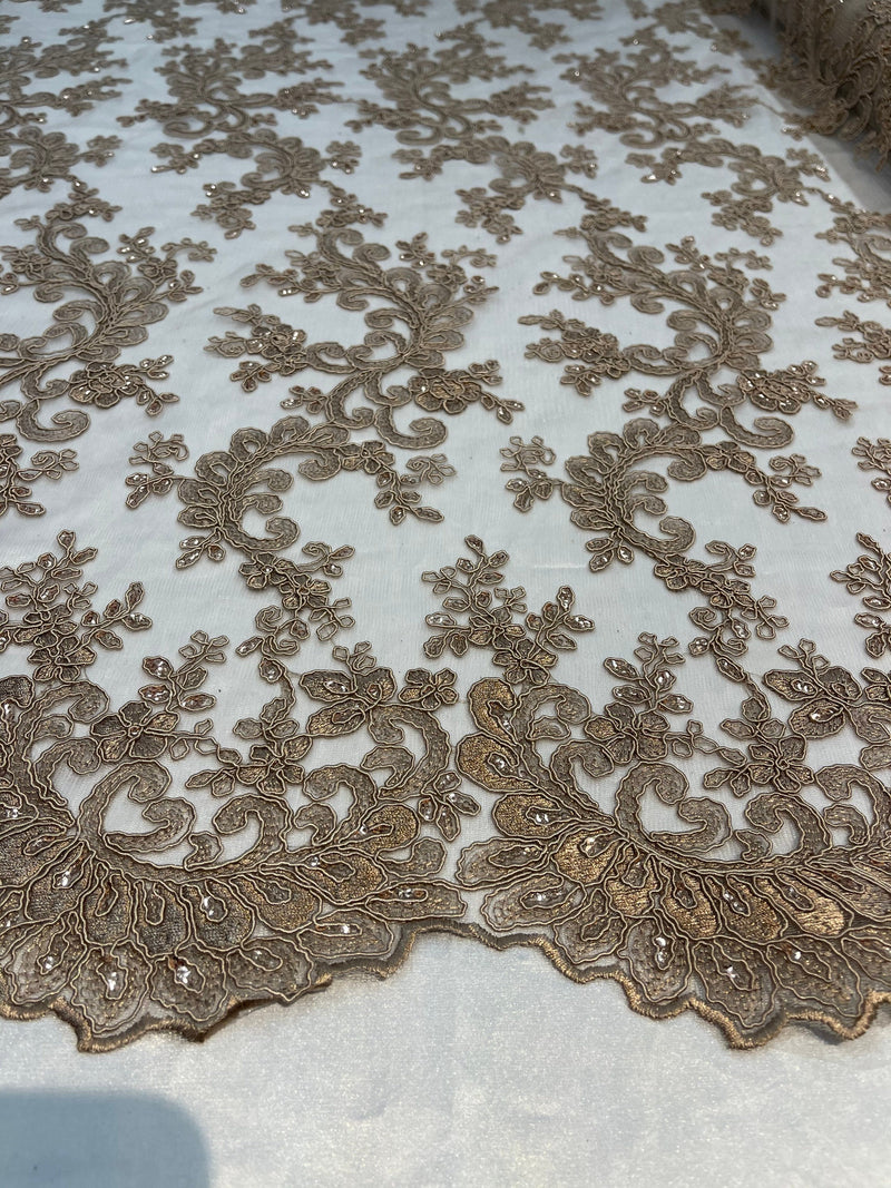 Coffee Lace, Floral Lace Fabric, Embroidery With Sequins on a Mesh Lace Fabric By The Yard For Gown, Wedding-Bridal (Choose The Quantity)