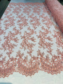 Dusty Rose - Floral Lace Fabric, Embroidery With Sequins on a Mesh Lace Fabric By The Yard For Gown, Wedding-Bridal (Choose The Quantity)