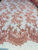 Dusty Rose - Floral Lace Fabric, Embroidery With Sequins on a Mesh Lace Fabric By The Yard For Gown, Wedding-Bridal (Choose The Quantity)