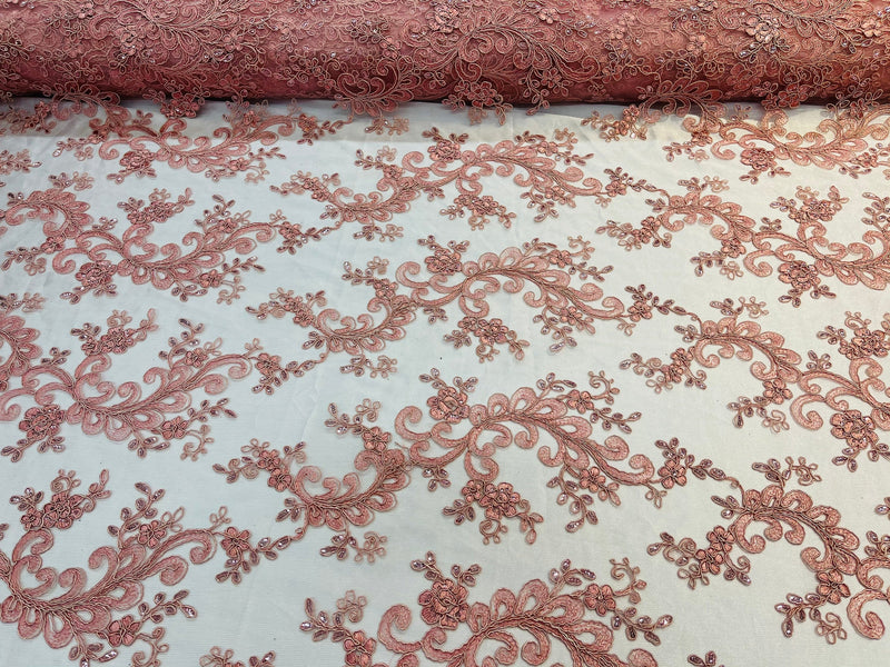 Dusty Rose - Floral Lace Fabric, Embroidery With Sequins on a Mesh Lace Fabric By The Yard For Gown, Wedding-Bridal (Choose The Quantity)