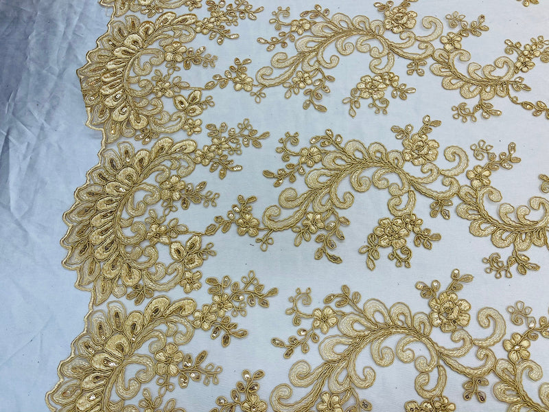 Gold Lace - Floral Lace Fabric, Embroidery With Sequins on a Mesh Lace Fabric By The Yard For Gown, Wedding-Bridal (Choose The Quantity)