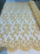 Gold Lace - Floral Lace Fabric, Embroidery With Sequins on a Mesh Lace Fabric By The Yard For Gown, Wedding-Bridal (Choose The Quantity)