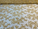 Gold Lace - Floral Lace Fabric, Embroidery With Sequins on a Mesh Lace Fabric By The Yard For Gown, Wedding-Bridal (Choose The Quantity)