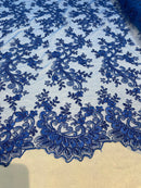 Royal Blue - Floral Lace Fabric, Embroidery With Sequins on a Mesh Lace Fabric By The Yard For Gown, Wedding-Bridal (Choose The Quantity)